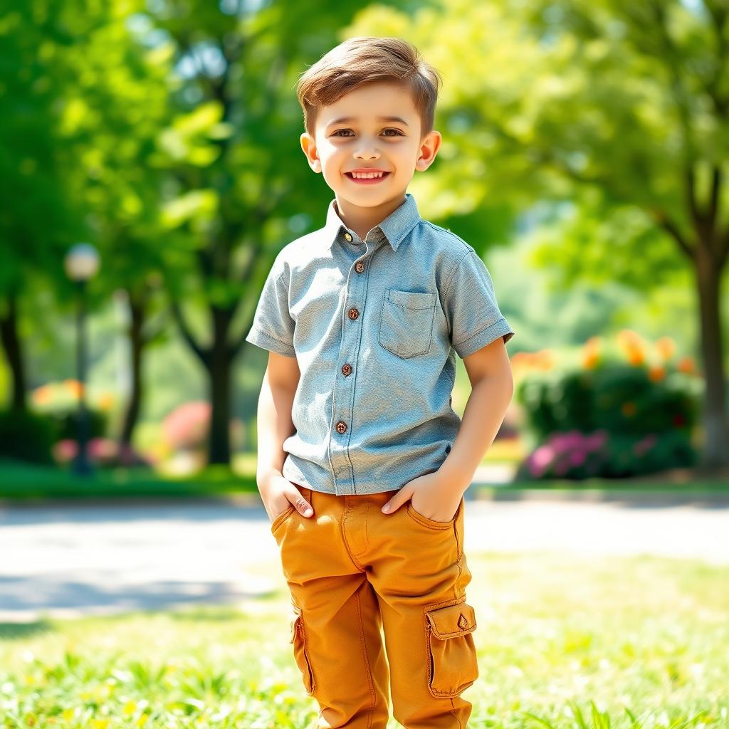 A young boy standing confidently in a casual yet stylish outfit similar to that of a man in a provided reference image