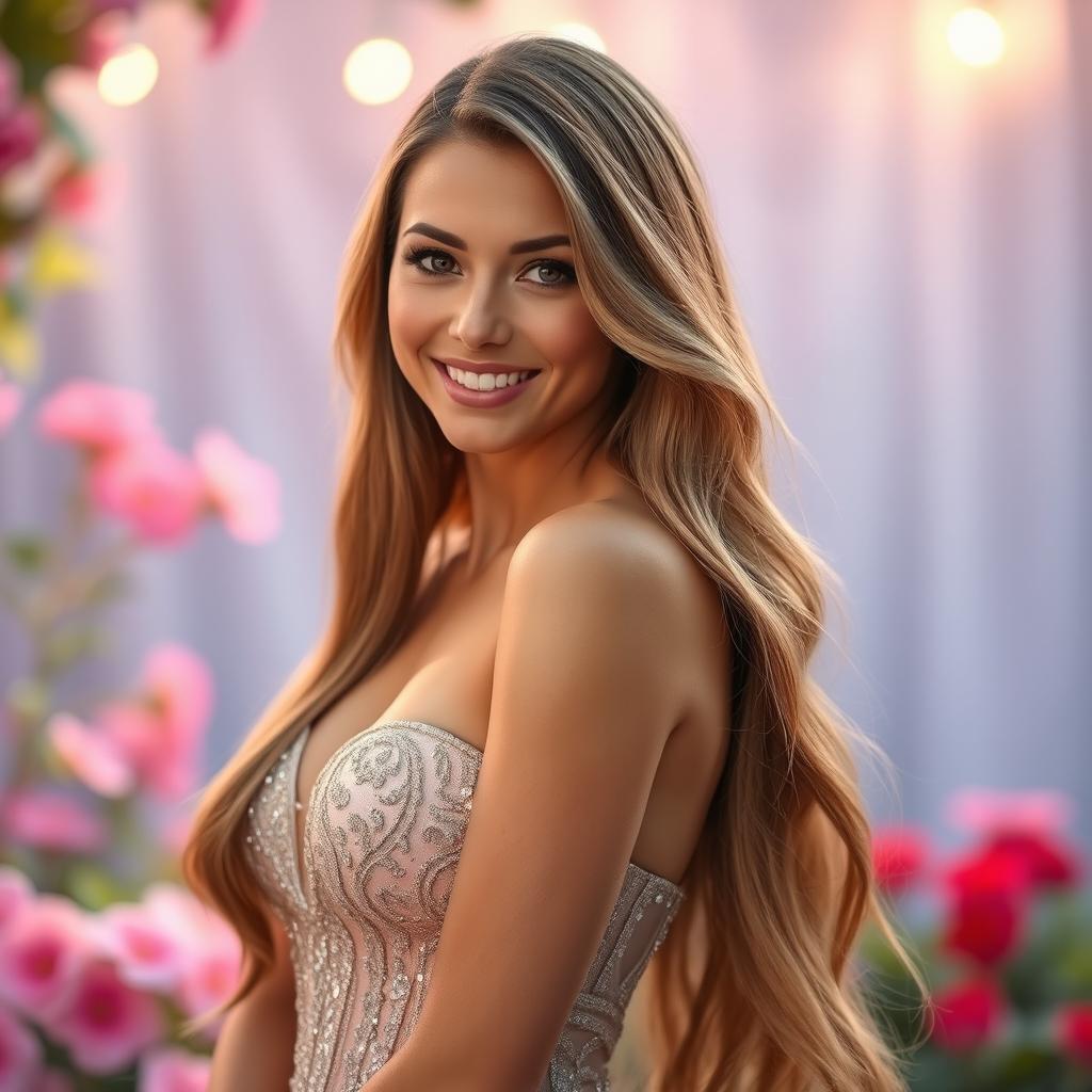 A stunningly beautiful woman with long flowing hair, showcasing a radiant smile