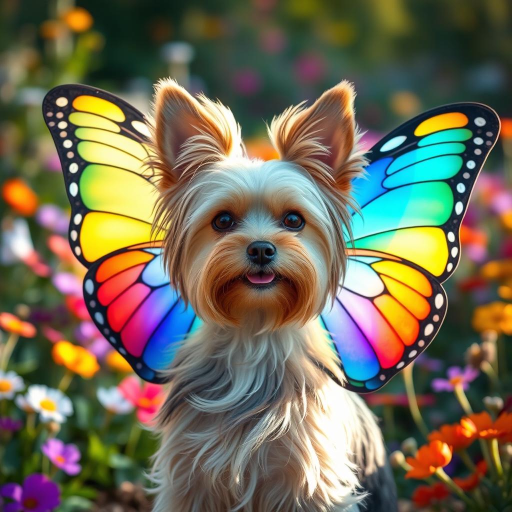 A charming Yorkshire Terrier with beautifully designed butterfly wings, showcasing vivid colors and intricate patterns