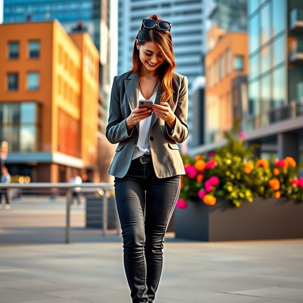A stylish woman named Karen, standing confidently in a modern urban environment