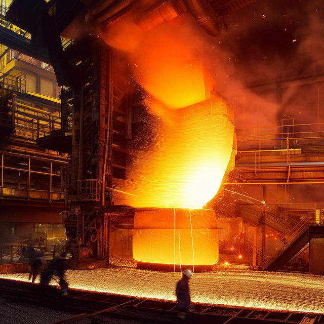 A highly detailed scene of a steel smelting factory at work, including molten steel flowing, workers in protective clothing, and the glowing machinery.