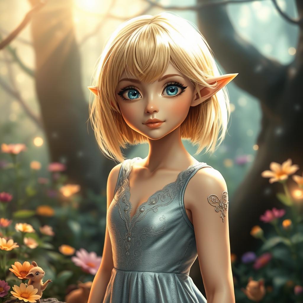 An enchanting elf princess with a stylish blonde bob haircut, wearing a shimmering silver dress adorned with delicate patterns