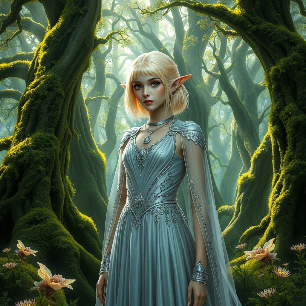 An ancient elf princess with a captivating blonde bob hairstyle, dressed in an exquisite silver gown that cascades elegantly to the ground