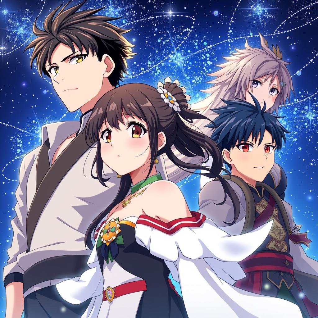 A stunning anime-style scene featuring four characters: the first character is Ethan, a young, handsome, and strong man with black hair