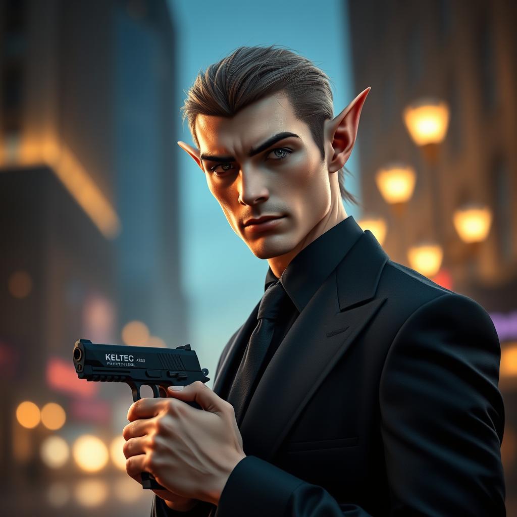 An elven gentleman dressed elegantly in a black suit, standing confidently with a KelTec P50 pistol in hand