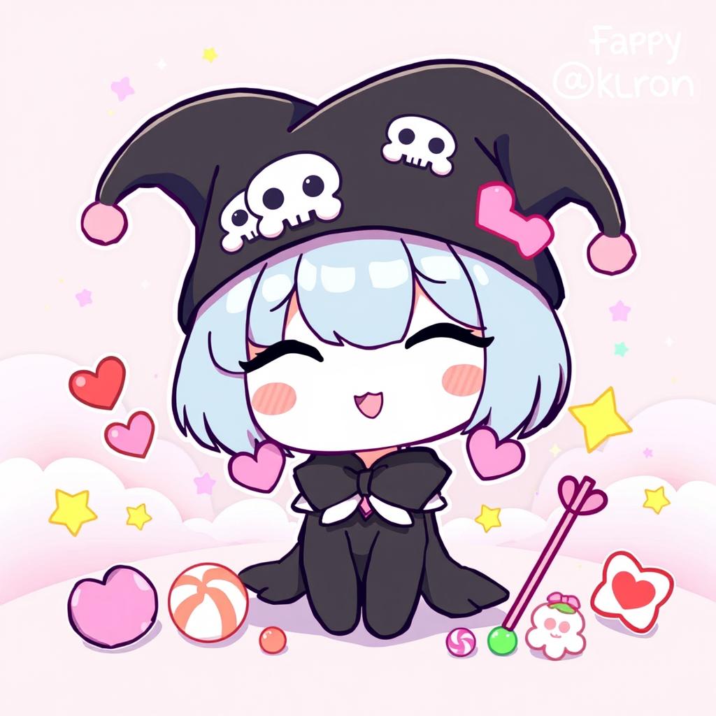 A cute and vibrant illustration of Kuromi, the character from Sanrio, wearing her signature black jester's hat with pink skull and ears, with a playful mischievous expression