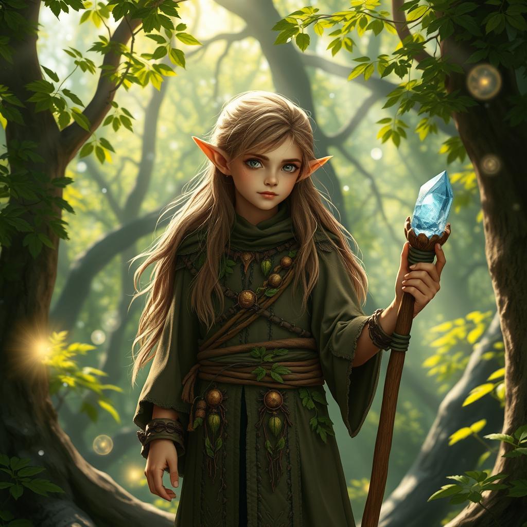 A young Wood Elf Wizard standing in a mystical forest, surrounded by trees with vibrant green leaves and glowing magical orbs floating around