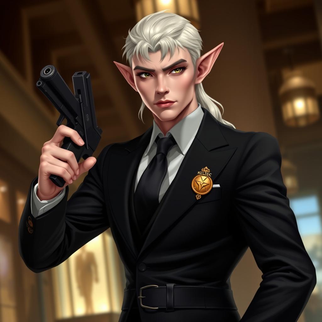An elven gentleman dressed in an elegant black suit, confidently holding a KelTec P50 pistol in one hand while wearing a distinctive gold badge on his lapel