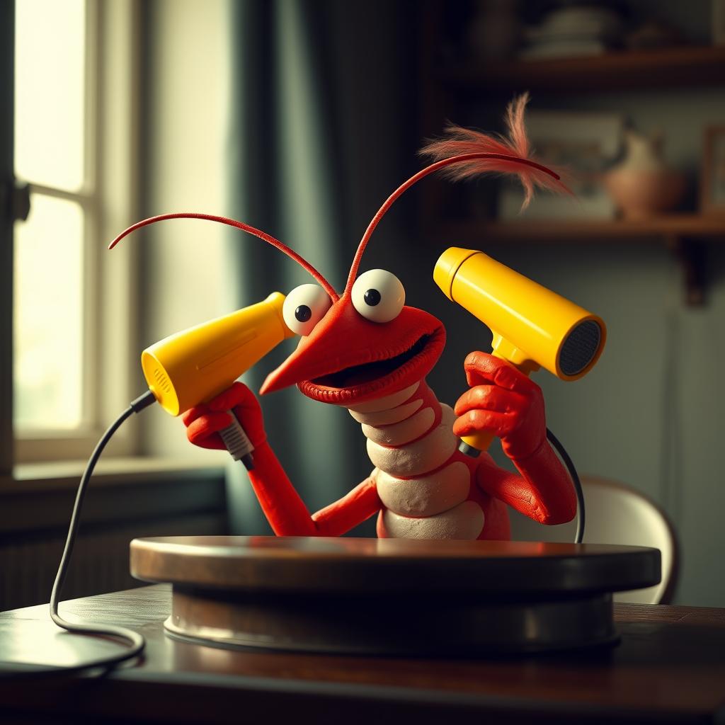 A realistic red cartoon-style shrimp resembling Pepe the King Prawn from the Muppets, sitting behind a table and using a yellow hair dryer on its hair