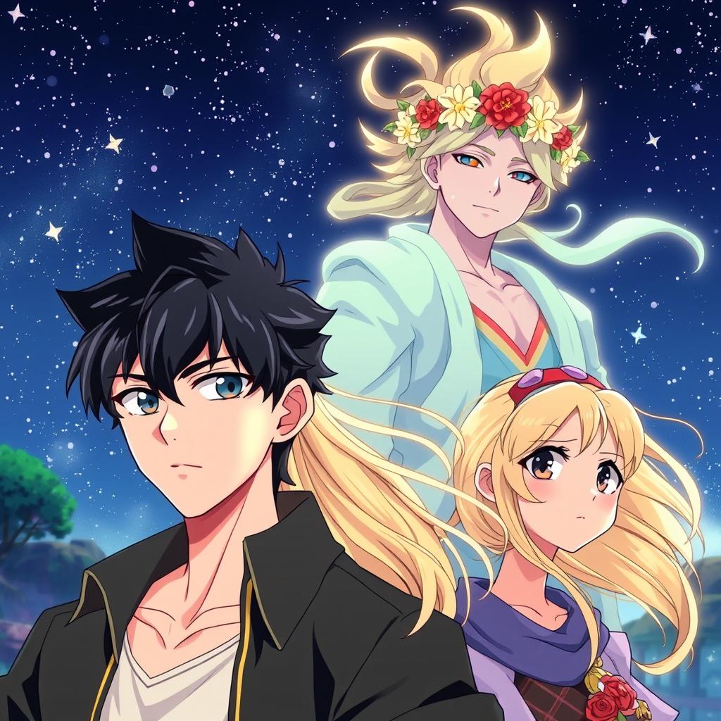 A vibrant anime-style illustration featuring four characters in a fantastical setting