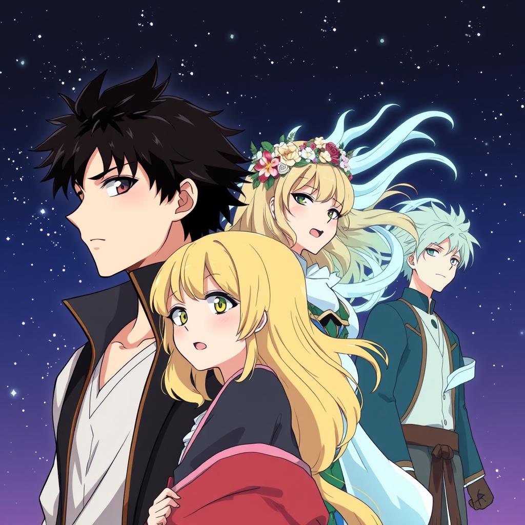 An anime-style illustration featuring four characters: 1) Ethan, a young, handsome, strong man with black hair, 2) Viktorie, a young and beautiful woman with blonde hair, 3) Haru, a god representing spring, adorned with a floral wreath on his head, and 4) Kaze, a demigod controlling the wind, depicted with swirling winds around him