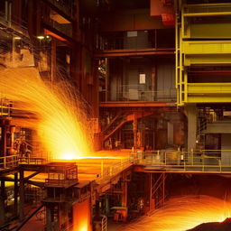 A highly detailed scene of a steel smelting factory at work, including molten steel flowing, workers in protective clothing, and the glowing machinery.