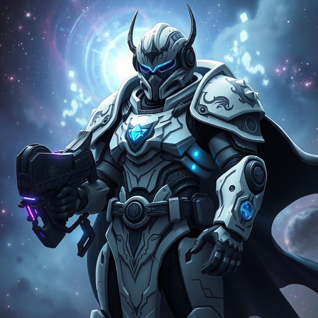 A futuristic space marine equipped with advanced armor, combining intricate designs and elements of mythology, depicted standing boldly against a cosmic backdrop filled with stars and nebulae