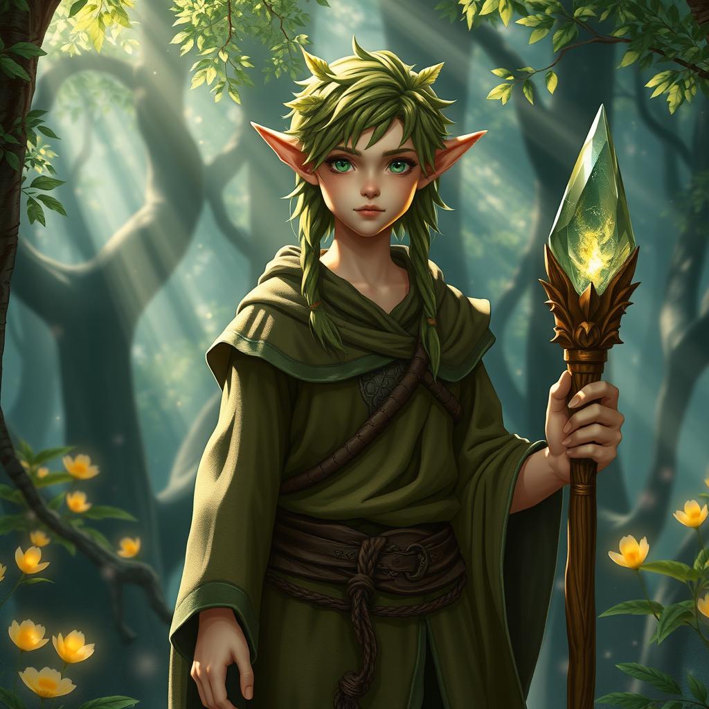 A young male Wood Elf Wizard standing in an enchanting forest setting