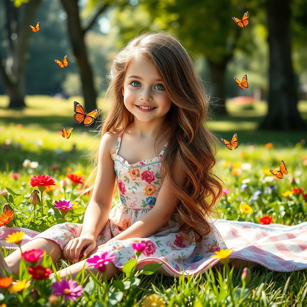A beautiful girl with bright blue eyes and long wavy brown hair, wearing a floral summer dress, sitting on a picnic blanket in a sunlit park, surrounded by colorful flowers and butterflies