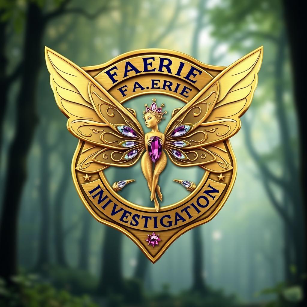 A highly detailed and visually stunning design of a gold Faerie Bureau of Investigation badge