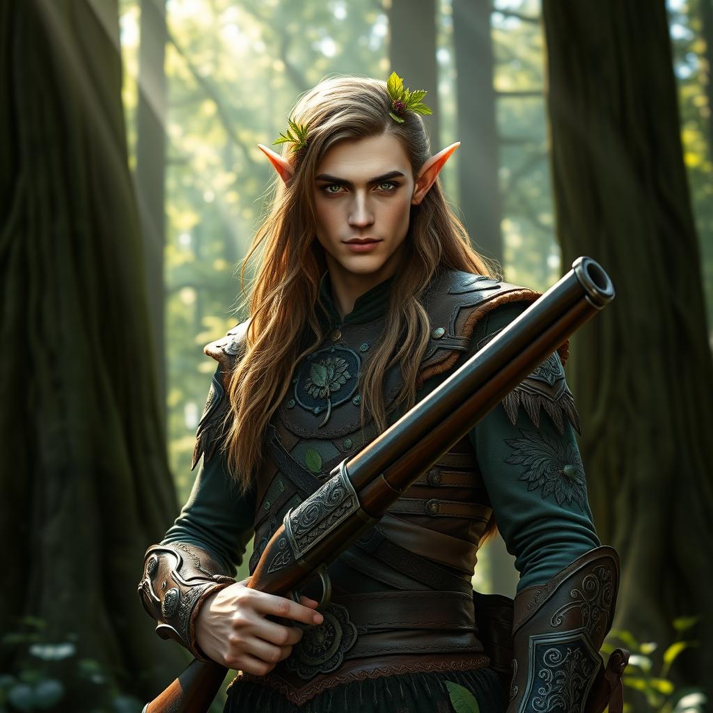 A wood elf male standing confidently in an enchanted forest setting, wearing intricately designed leather armor adorned with nature motifs