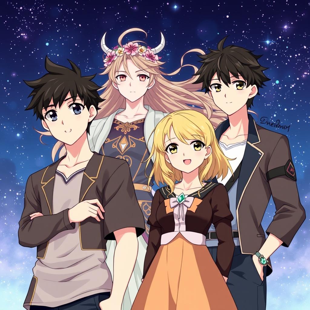 An anime-style illustration featuring four characters in a captivating scene