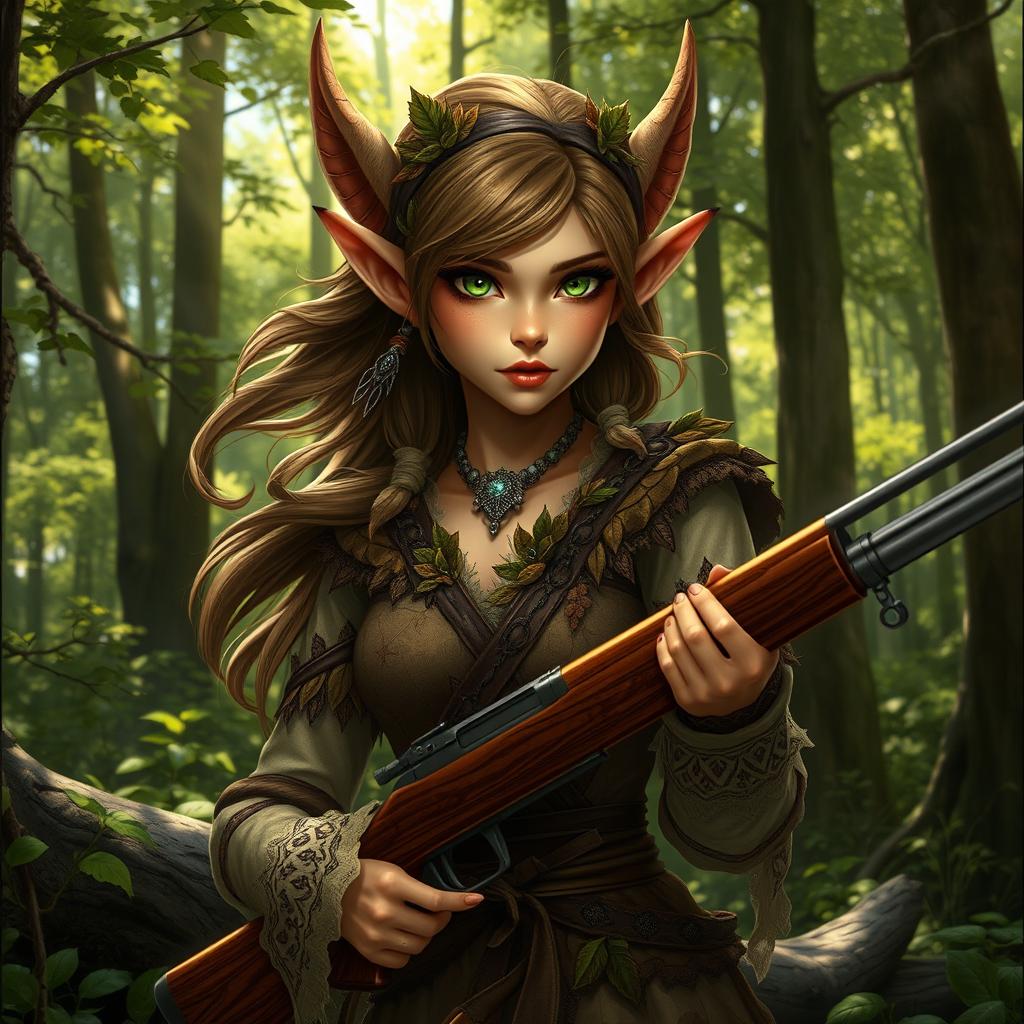 A Wood Elf character beautifully depicted in a lush forest setting, featuring pointed ears, intricate woodland-themed attire adorned with leaves and natural patterns