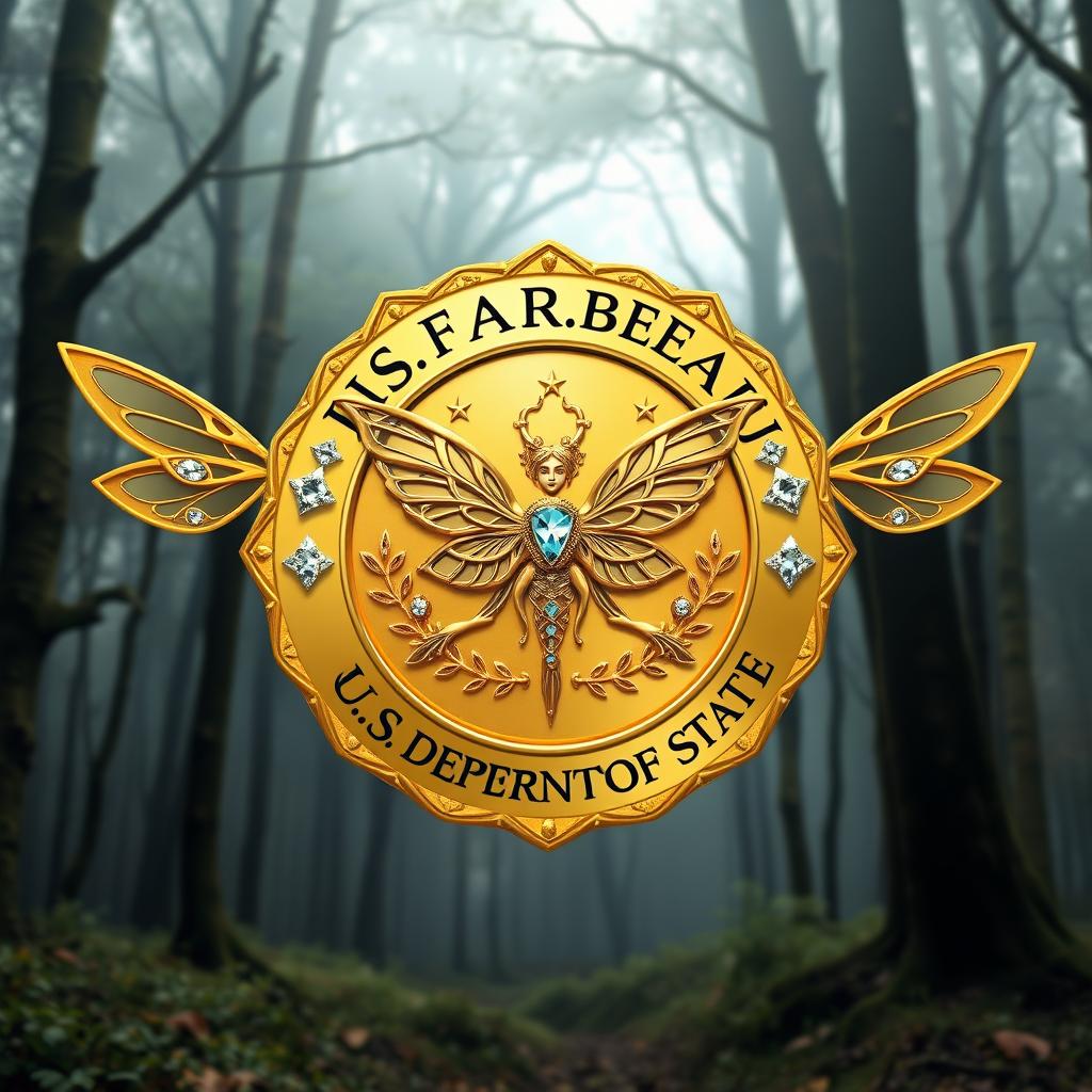 A highly detailed and visually striking design of a gold "Faerie Bureau of Investigation" badge, integrated with the text "U S Department of State"