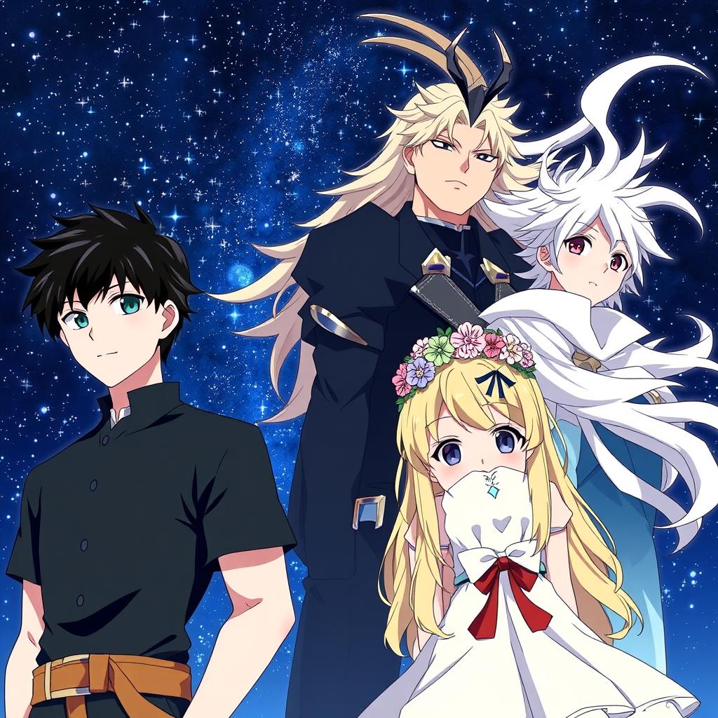 Four characters standing together in an anime style
