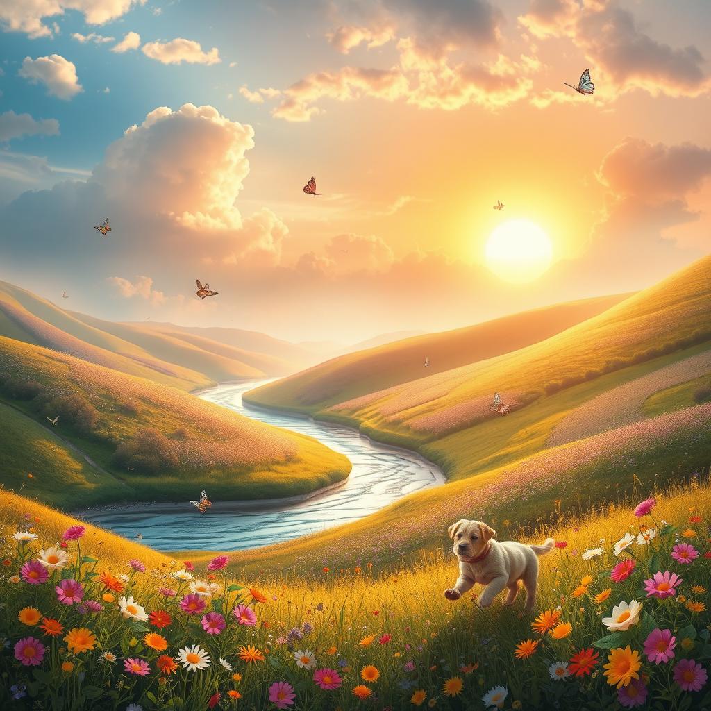 A dreamy, whimsical landscape filled with vibrant flowers, rolling hills, and a serene river flowing gently through the scene