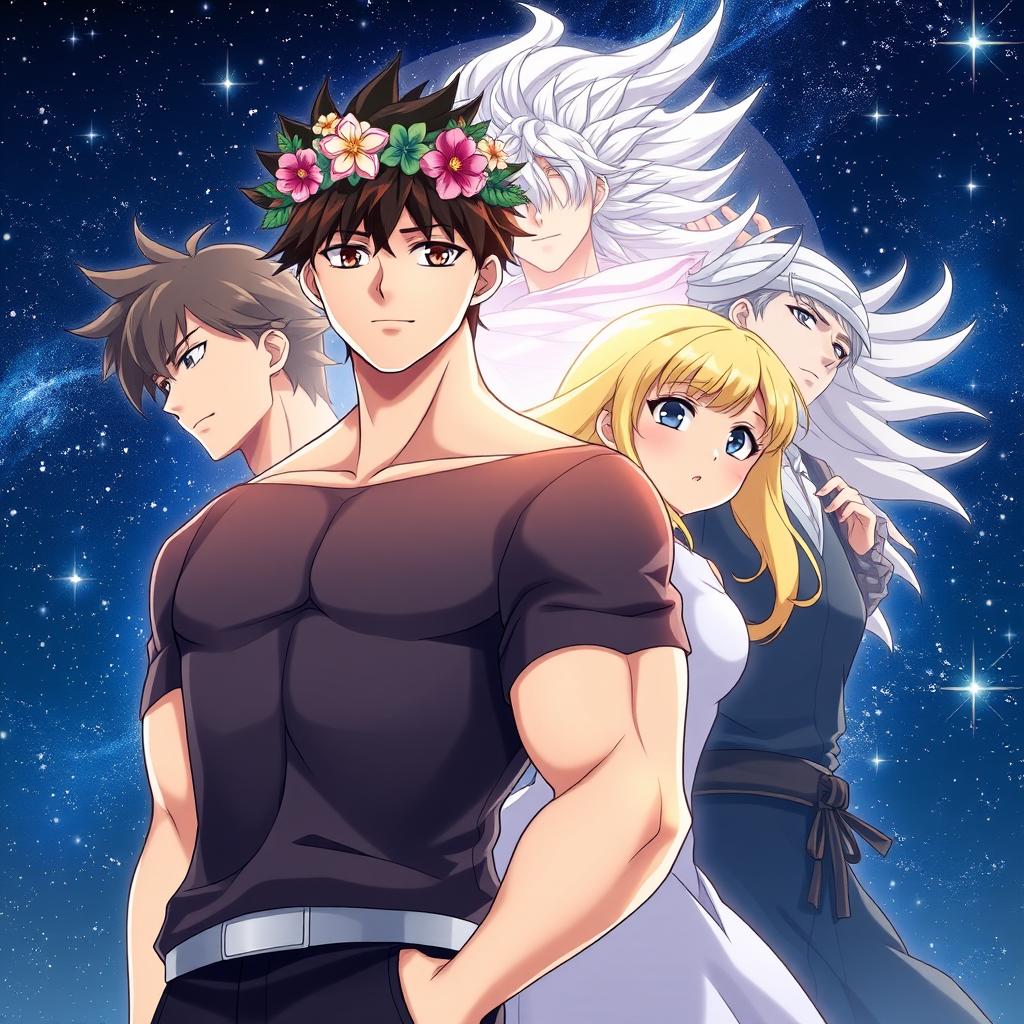 In an anime style, depict four characters: the first is a young, handsome, and muscular man with black hair named Ethan, standing confidently in the foreground
