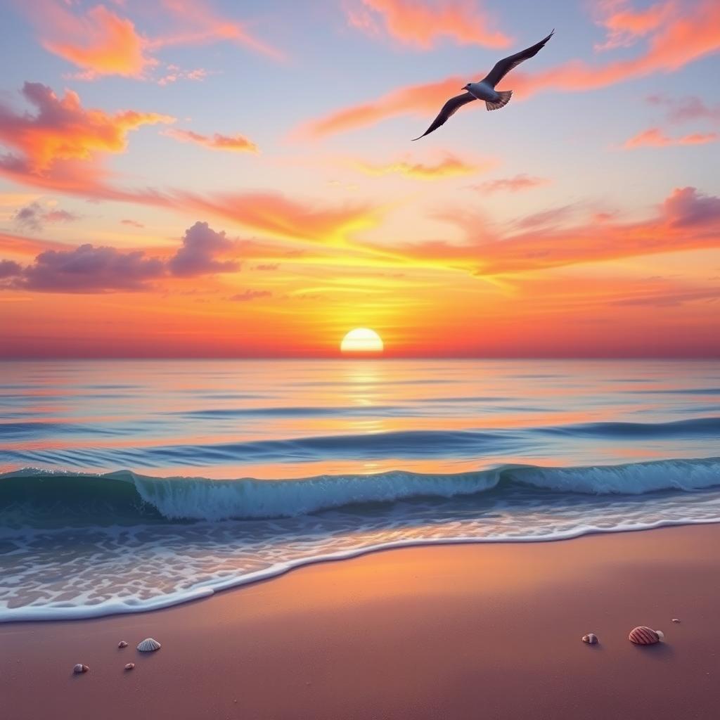 A realistic depiction of a serene sunset over a calm ocean, with vibrant hues of orange, pink, and purple filling the sky