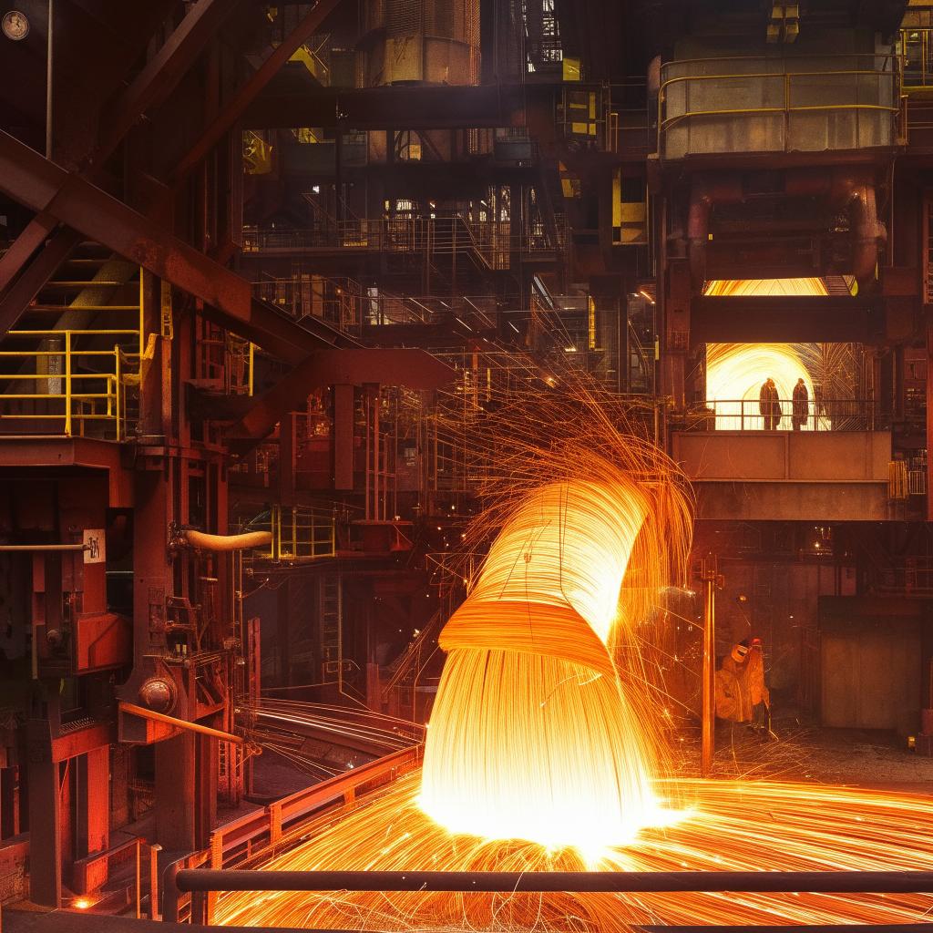 A highly detailed scene of a steel smelting factory at work, including molten steel flowing, workers in protective clothing, and the glowing machinery.