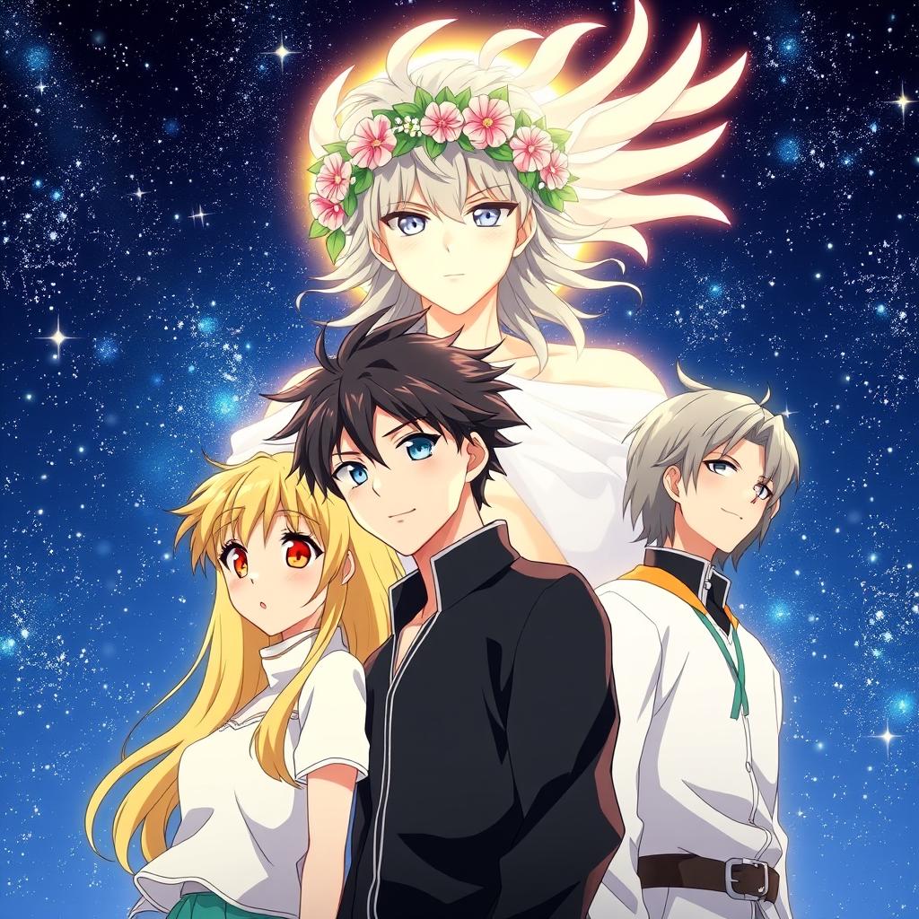 In a vibrant anime style, four characters stand against a stunning night sky filled with stars