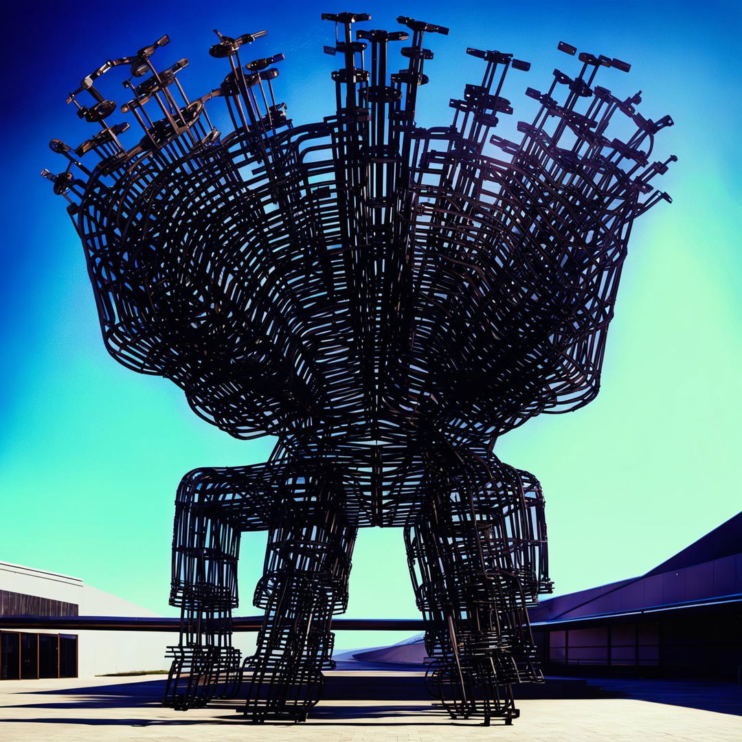 The image depicts an architectural sculpture made entirely from recycled bicycles, inspired by Bjarke Ingels' innovative and sustainable design principles