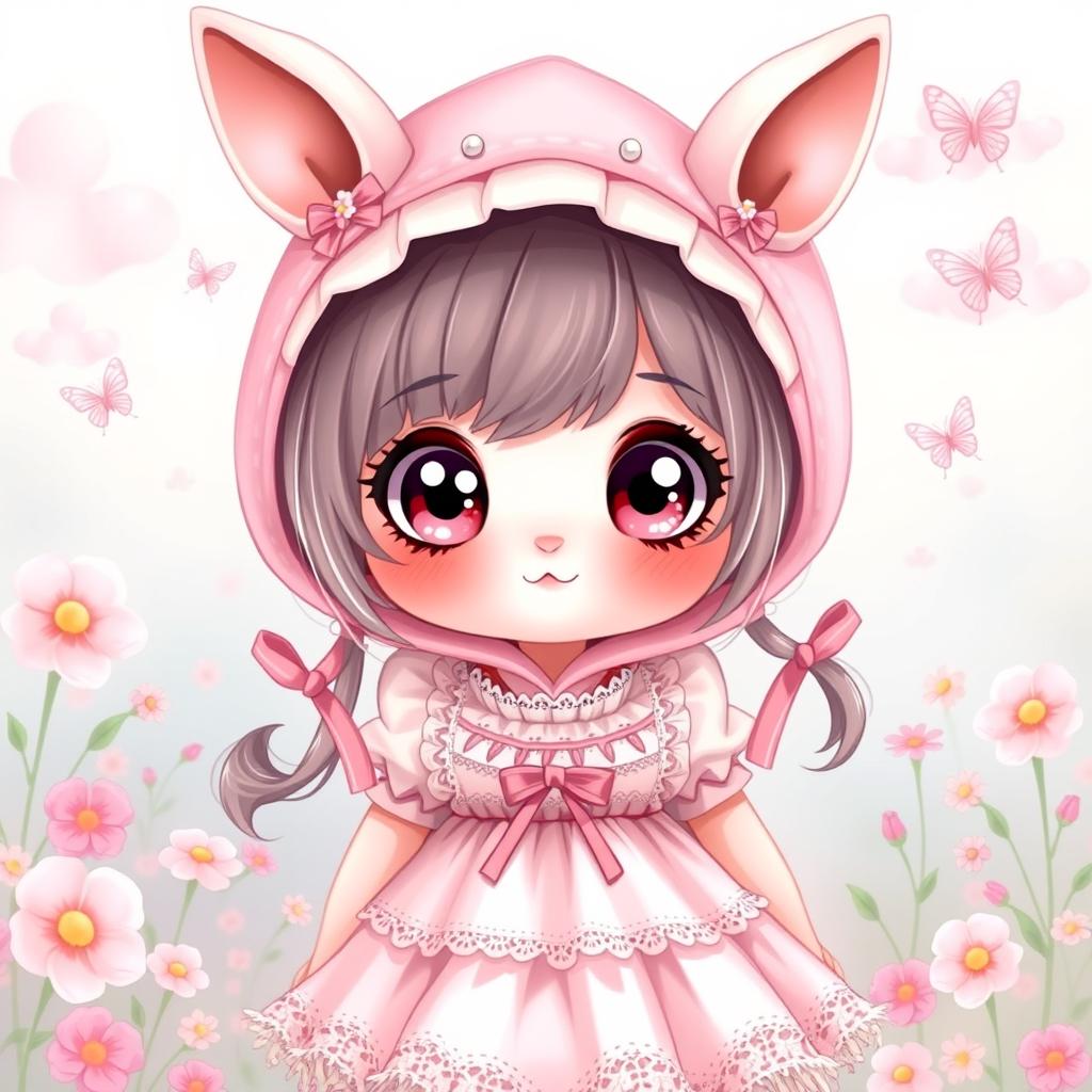 An adorable character inspired by the concept of 'my melody', depicted as a cute, pink, anthropomorphic rabbit girl