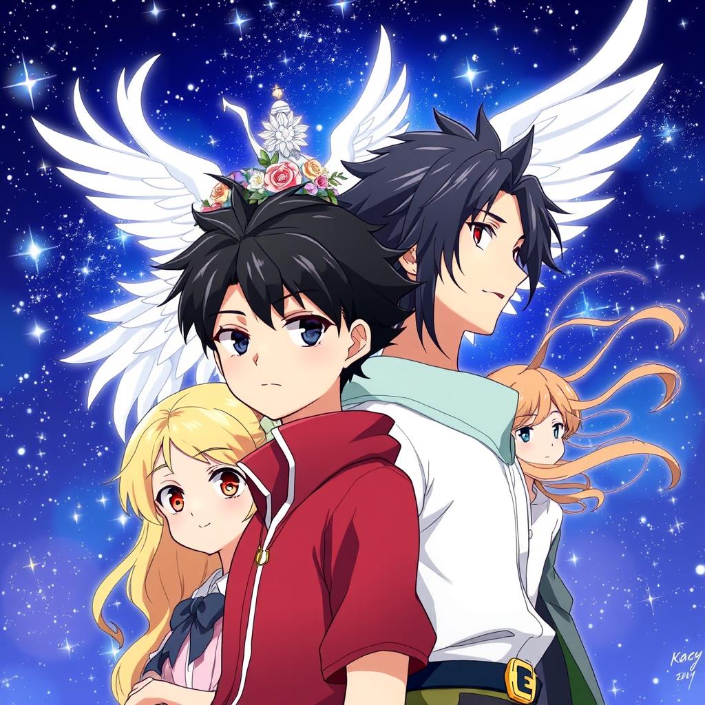 A vibrant anime scene featuring four characters