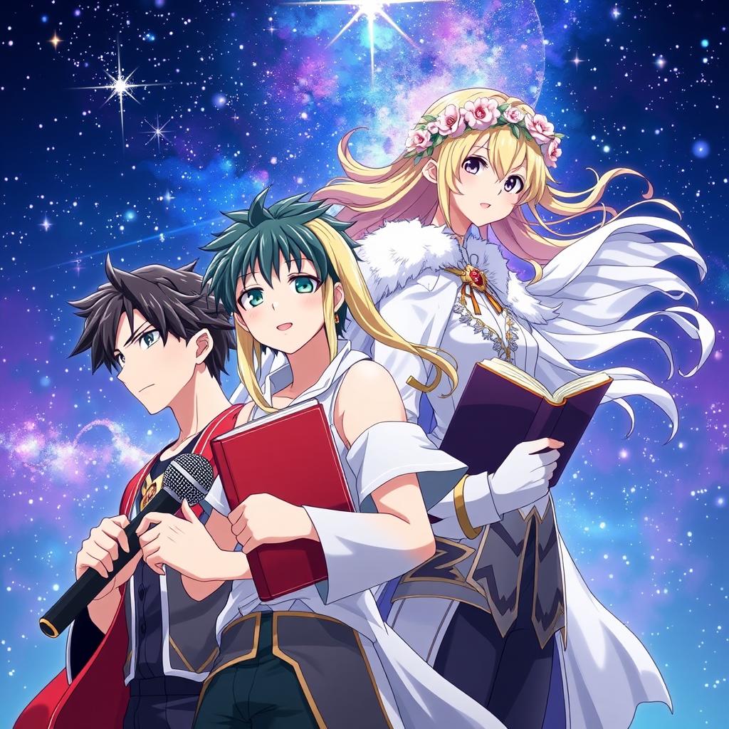 A stunning anime scene featuring four characters: the first is a young, handsome, and strong man named Ethan with black hair holding a microphone; the second is a beautiful young woman named Viktorie with blonde hair holding a book; the third is Haru, the god of spring, wearing a floral crown; and the fourth is Kaze, the demigod of wind, surrounded by swirling winds