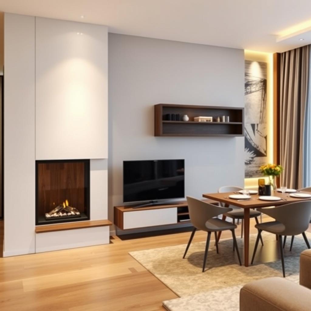 A modern living and dining area featuring a 6-meter wall decoration space