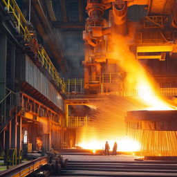 A highly detailed depiction of a steel smelting process showcasing glowing molten steel, hard-working personnel in safety gear, and robust industrial machinery.