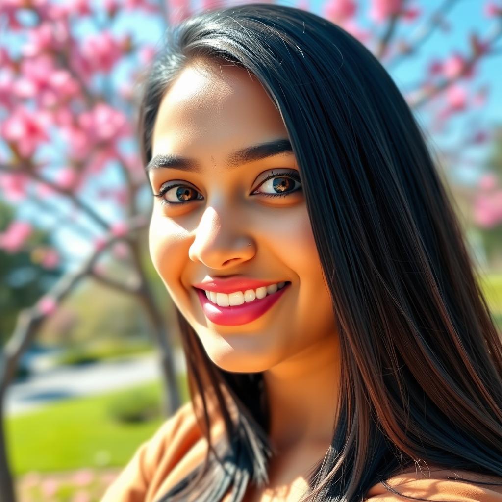 A stunning selfie featuring a young Indian woman with long black hair, bright eyes, and a captivating smile