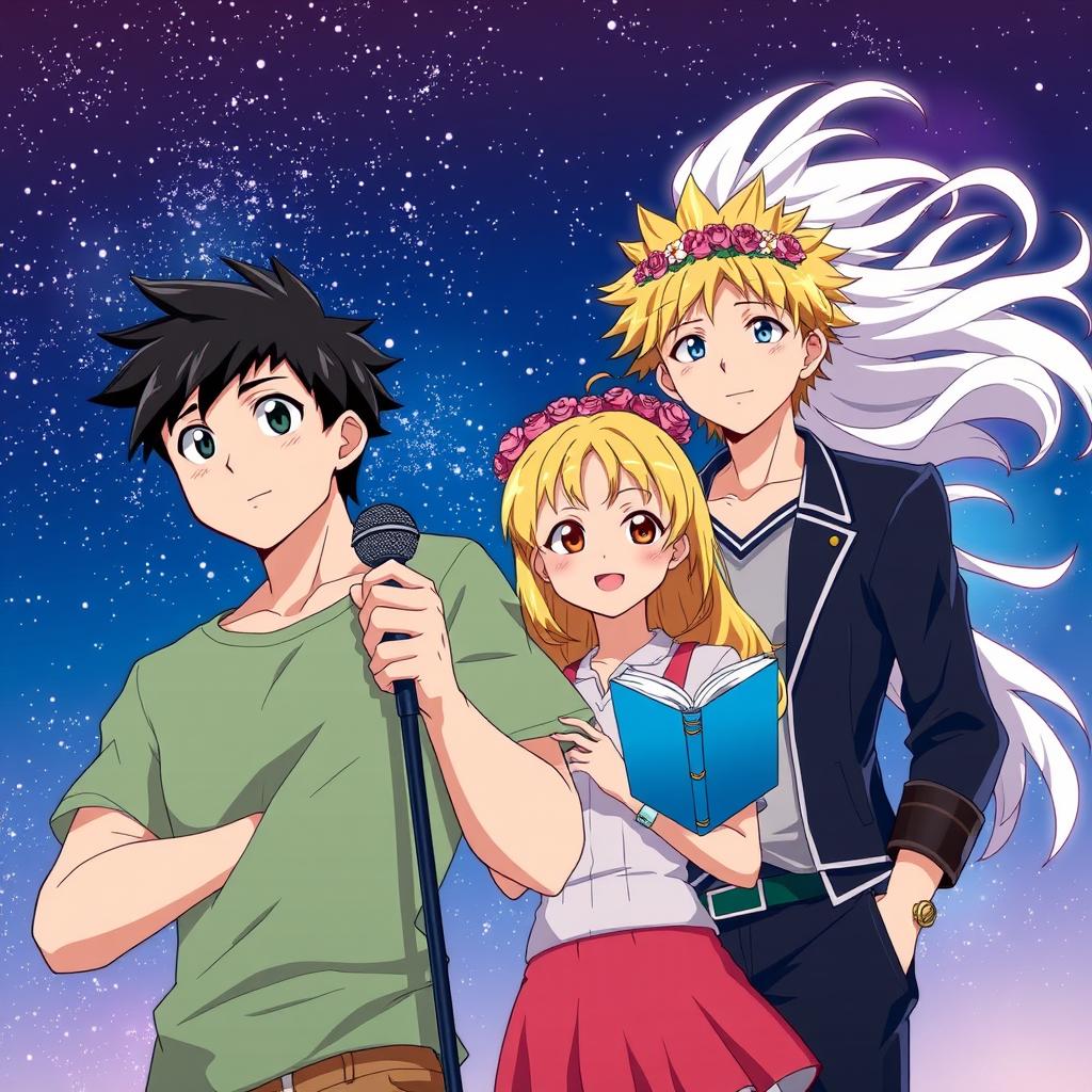 In a vibrant anime style, the scene features four characters: the first is Ethan, a young, handsome, and strong man with black hair, holding a microphone confidently