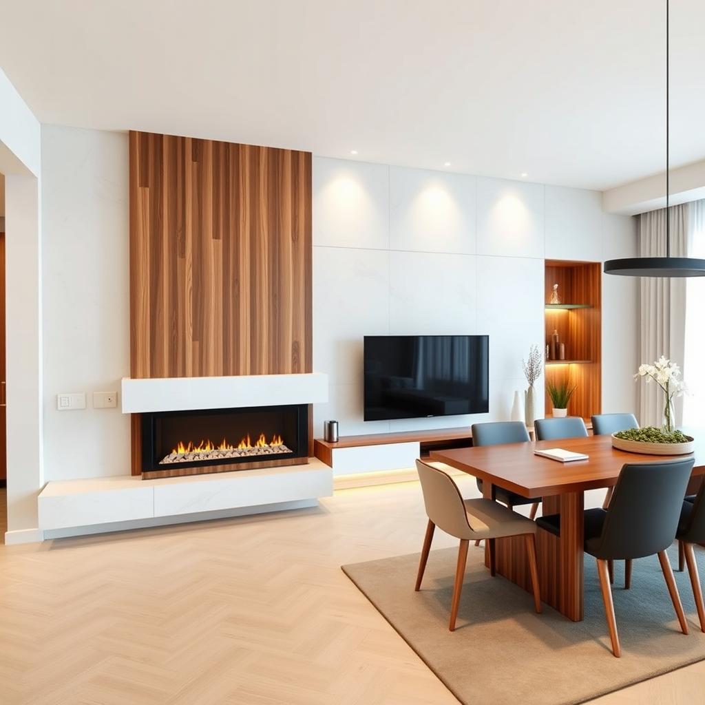 A modern wall decoration for a spacious open living and dining area, spanning 6 meters