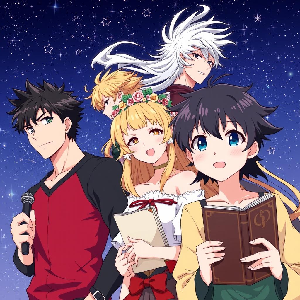An anime-style illustration featuring four characters: the first character is Ethan, a young, strong, and handsome man with black hair holding a microphone
