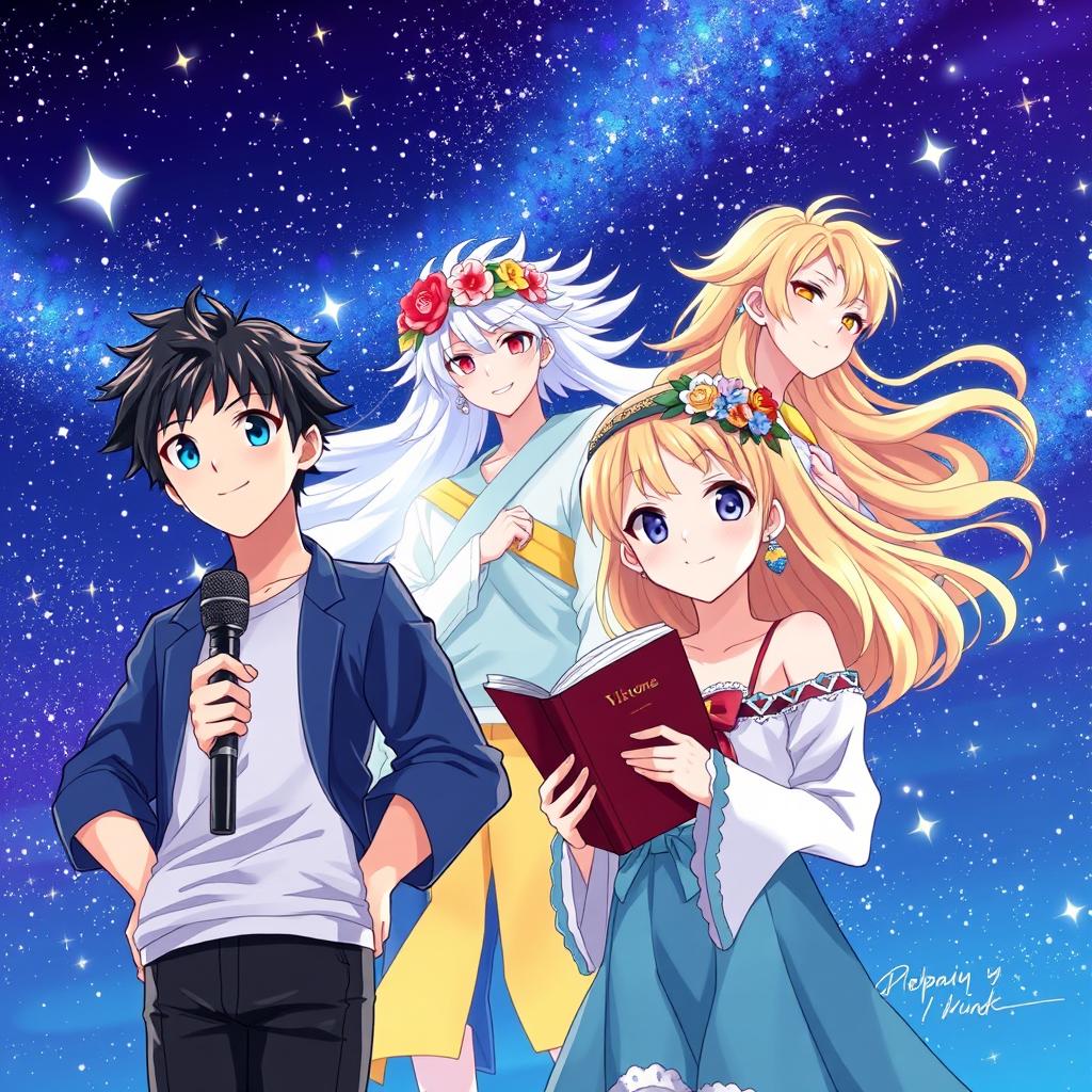 A vibrant anime-style illustration featuring four characters in a magical night setting