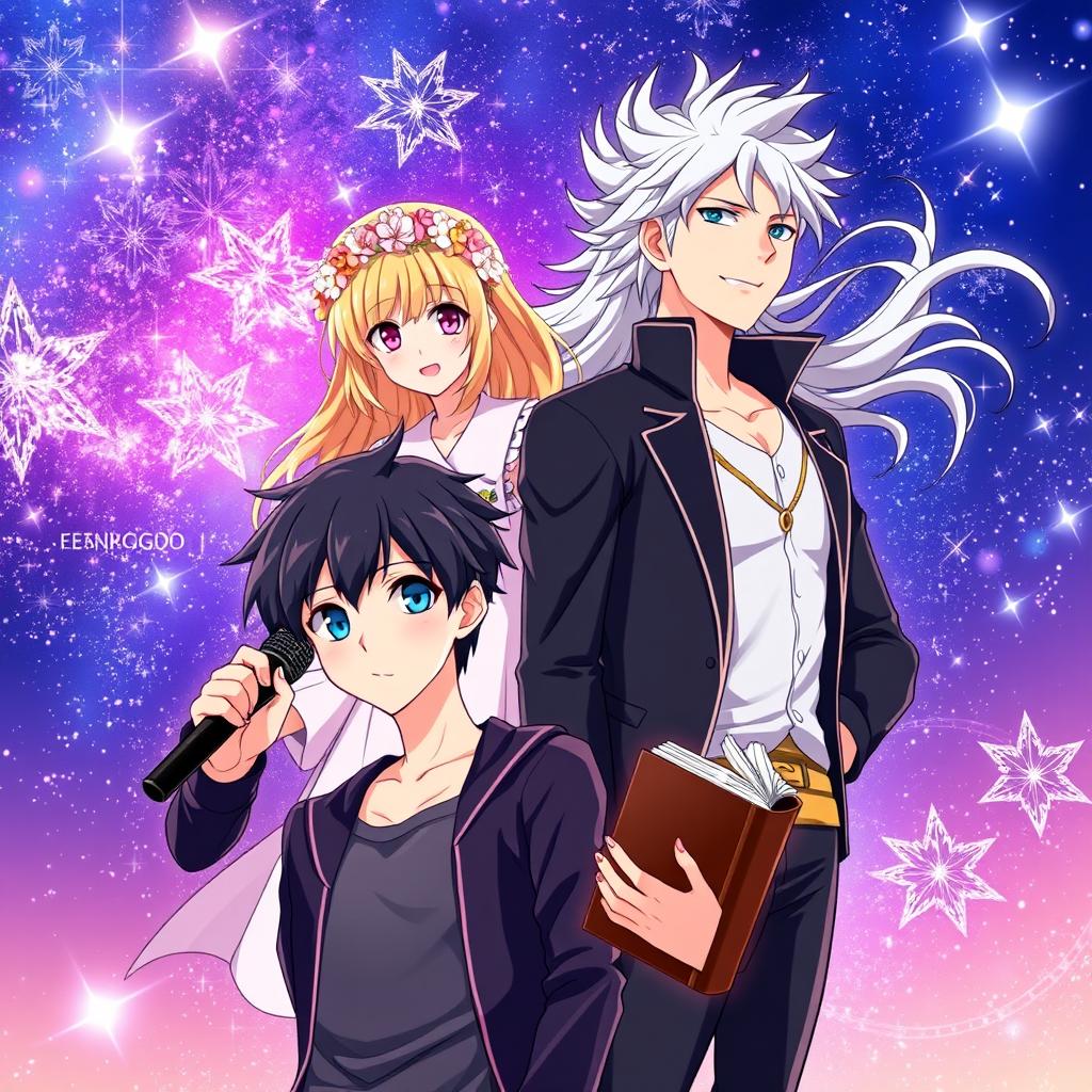 In an anime style illustration, there are four characters featured prominently against a stunning night sky filled with stars