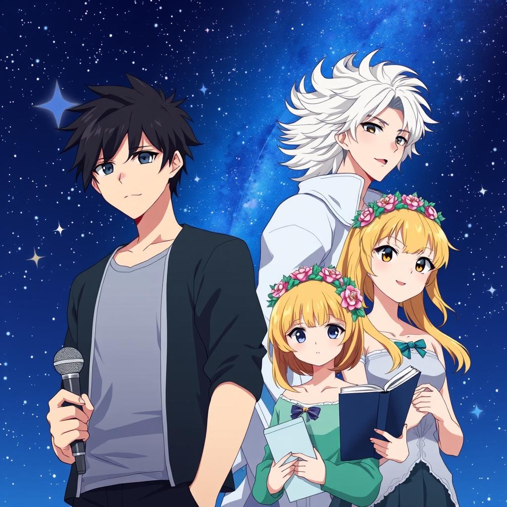 In an anime style, there are four characters in the foreground of a starry night sky