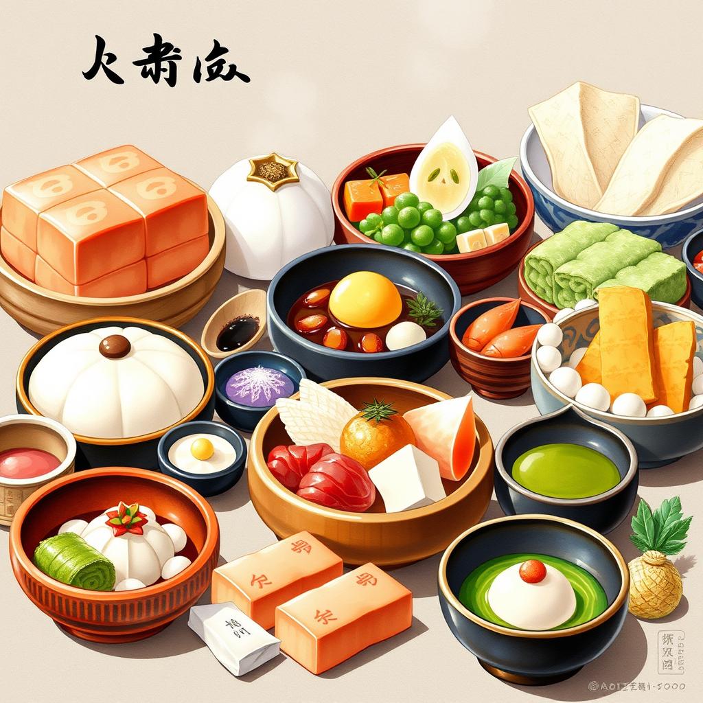 A highly detailed illustration of traditional Zen ceremony foods featuring Shojin Ryori dishes like Goma-Dofu, Kenchin-Jiru, Shira-Ae, Ichiju Sansai, Chakaiseki, Matcha desserts, and Wagashi