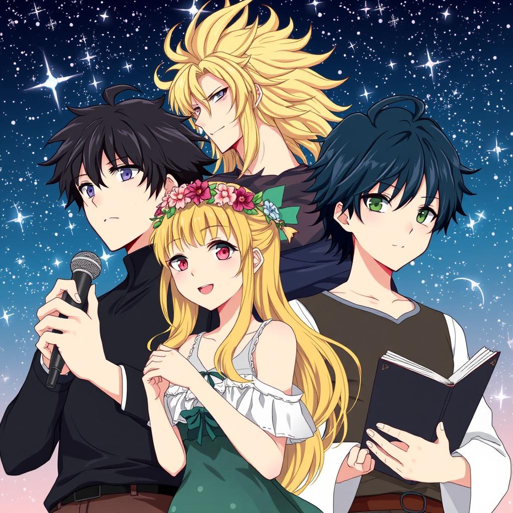 A captivating anime scene featuring four characters