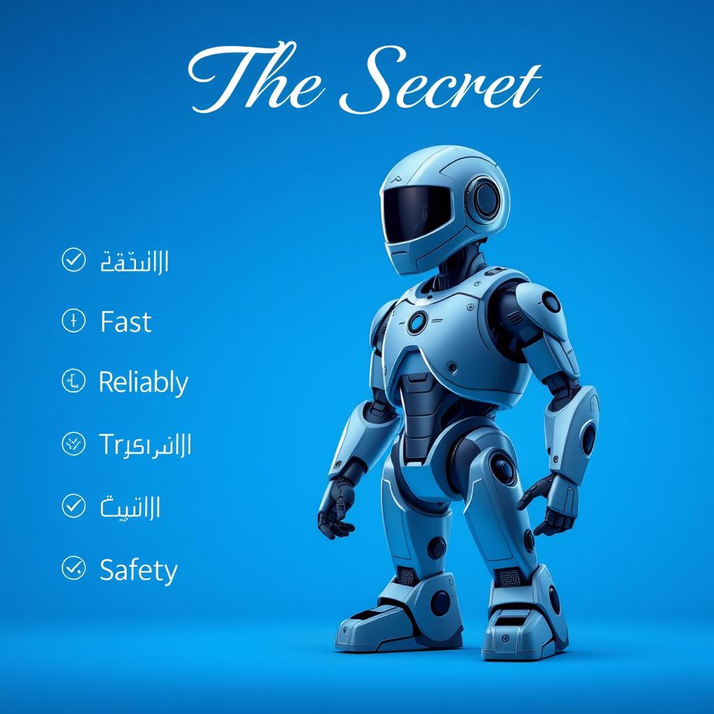 A futuristic robot standing confidently in the center of the image, to its left are words in Arabic: "سريع" (Fast), "مصداقي" (Reliable), "موثوق" (Trustworthy), and "الأمان" (Safety)