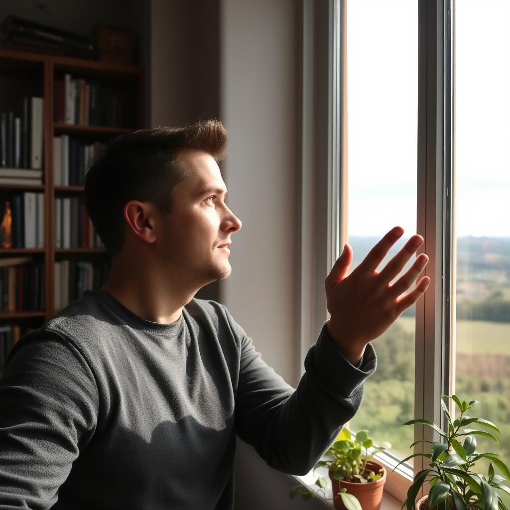 A man gazing thoughtfully out of a large window, with a serene expression on his face