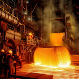 A highly detailed depiction of a steel smelting process showcasing glowing molten steel, hard-working personnel in safety gear, and robust industrial machinery.