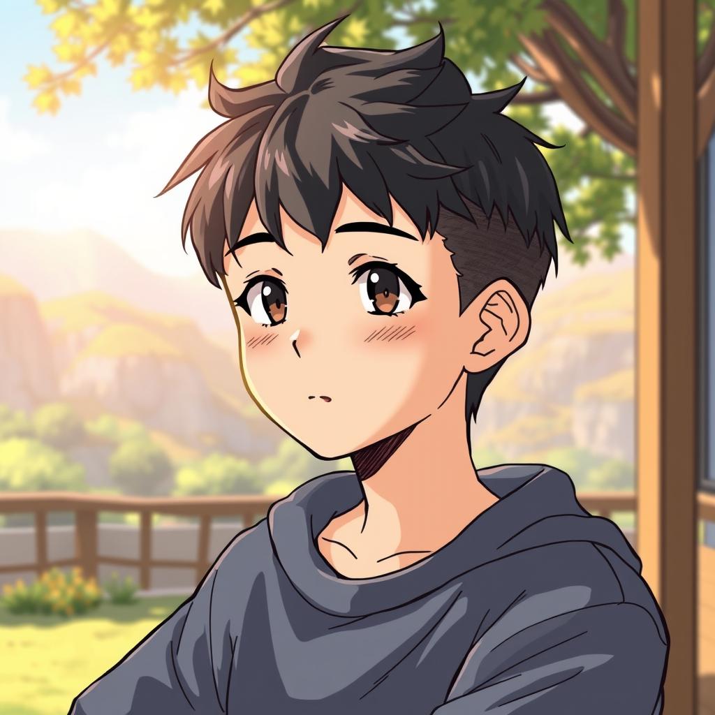 An anime boy with short textured black hair styled in a mid fade haircut, depicted in a hand-drawn style