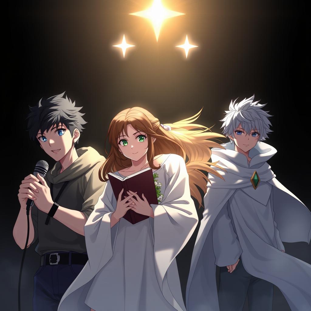 A captivating scene featuring four characters: the first is a young, handsome and strong man with black hair and blue eyes, holding a microphone
